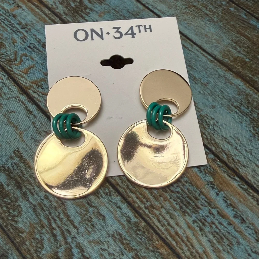 NWT On 34th Gold Double Disc Drop Earrings with Green Rings